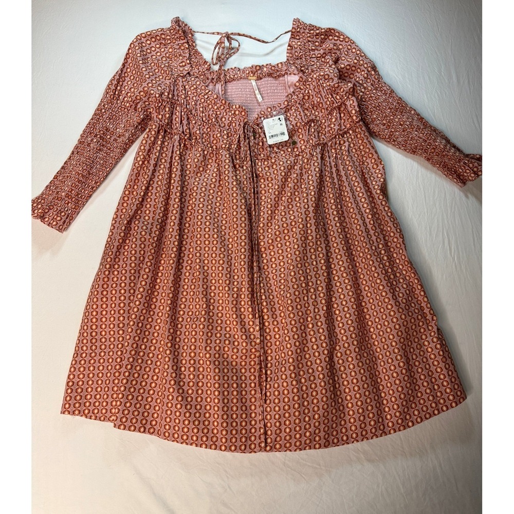 NWT Free People Babydoll Dress Women's Size XS Pink‎ Glass Roses Combo Smocked
